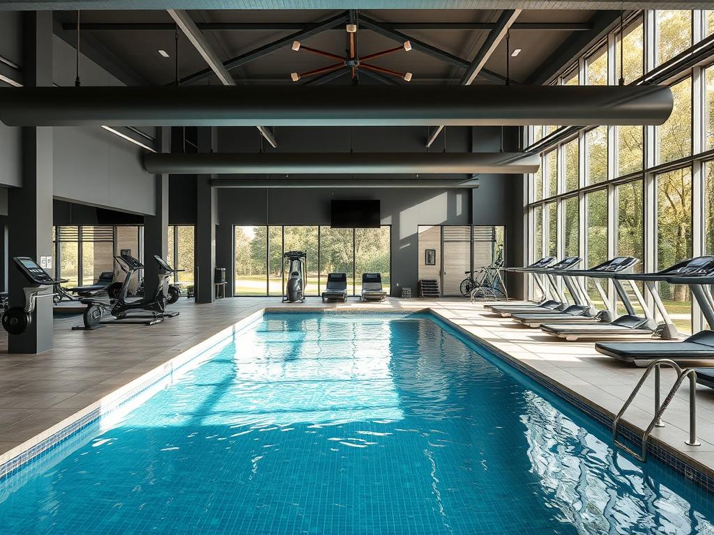 fitness center with a swimming poolфото
