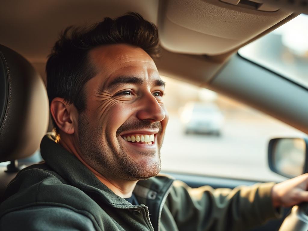 a happy man in a car a happy man in a carфото